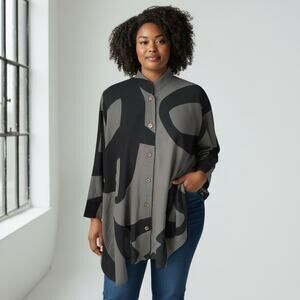 Yasuko Gray Black Boxy Tunic Top Lagenlook Size XL 100% Cotton